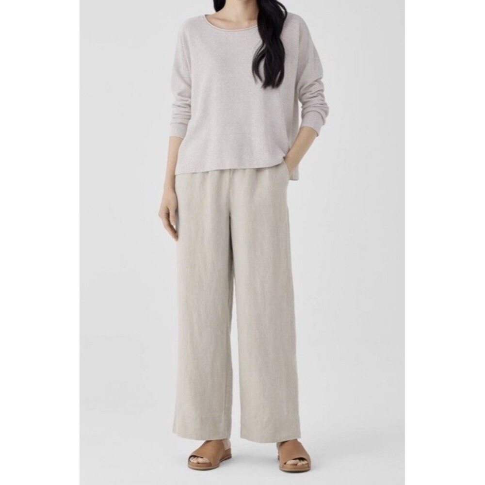 Eileen Fisher Womens Tan High Rise Organic Linen Wide Leg Cropped Pants Size L